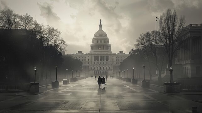 Fototapeta A black and white photo of the U.S. Capitol building with a cloudy sky in the background