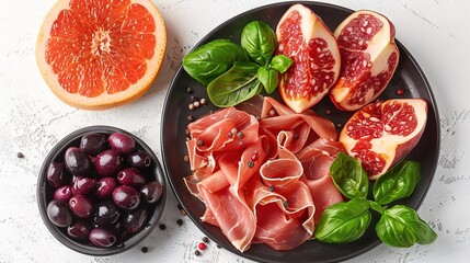   A platter of meats, fruits, and greens on a white cloth beside orange and grapefruit plates