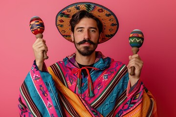 Beautiful young mexican man wearing sombrero and poncho holding maracas on pink background