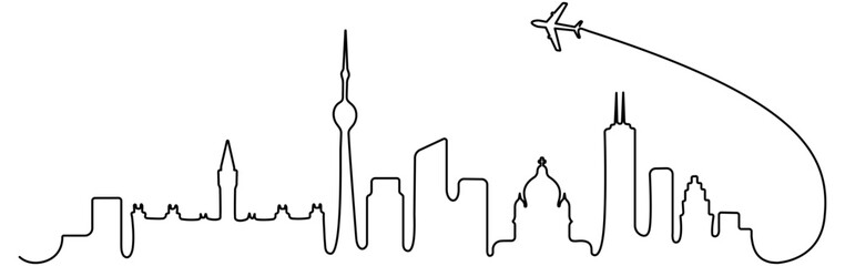 Canadian city skyline architecture. Flying plane with minimal linear cityscape and travel concept. Vector illustration isolated on white.