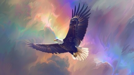 A majestic eagle is flying through a rainbow in the sky. Concept of freedom and wonder, as the...