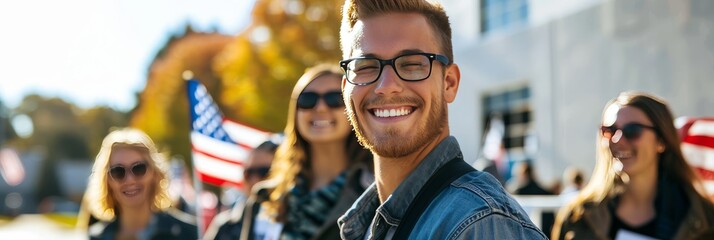A group of people are smiling and holding American flags. The man in the center is wearing glasses and has a big smile on his face