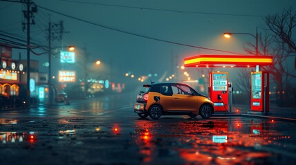 Obraz premium Electric Vehicle Charging at a Nighttime Gas Station