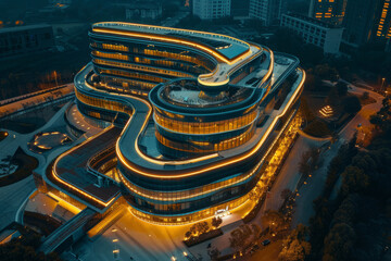 aerial evening view of illuminated eco friendly modern glass office building with green environment