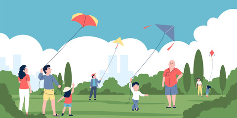 Family play with flying kite. Resting in city park, children and parents fly kites. Outdoor summer spring activity, recreation recent vector scene