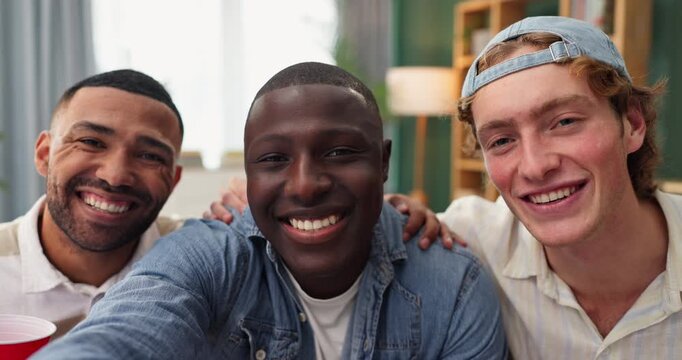 Selfie, friends and diversity with cheerful, together and multicultural for bonding, memory or celebration. Male people, happy and relax in home for moments, laughing and community as group in lounge