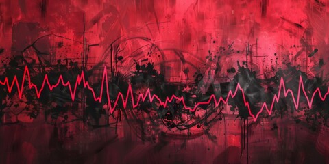 Fototapeta premium Abstract background with heartbeat graph and paint texture, red and black tones, brush strokes, artistic style.