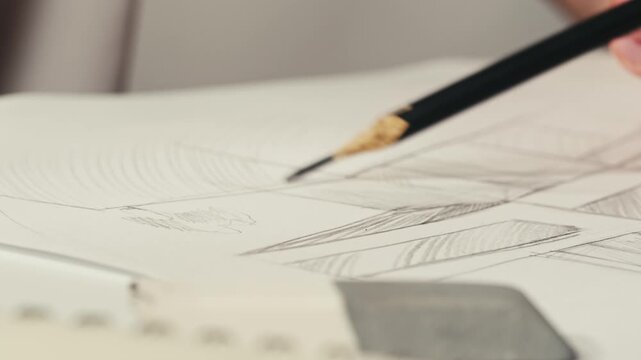 Young man artist is drawing buildings by pencil on white paper close-up. The architect making sketches for the projection of the building. Drawing and sketching lessons