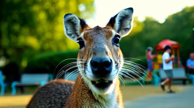 A deer stands close to visitors in a park, looking inquisitively at its surroundings as people enjoy the lovely weather and greenery