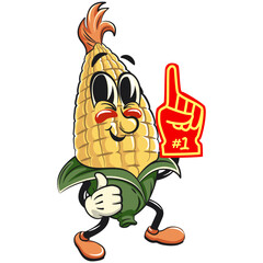 character of a cute corn cartoon vector isolated clip art mascot illustration raise foam finger, work of hand drawn