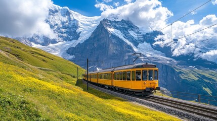 Obraz premium Traditional Swiss Electric Train from Kleine Scheidegg to Eigergletscher, Jungfrau Bahn, Eiger North Wall and Monch in the Background, Lauterbrunnen, Switzerland 