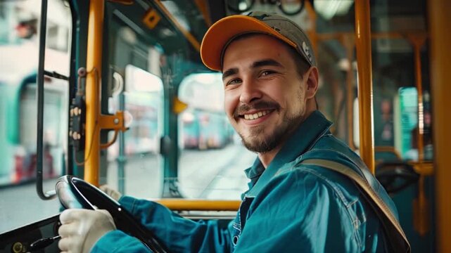 A friendly bus driver smiling at the camera while sitting at the wheel inside a brightly lit bus