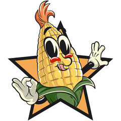 character of a cute corn cartoon vector isolated clip art mascot illustration out from of a star by giving an OK sign, work of hand drawn