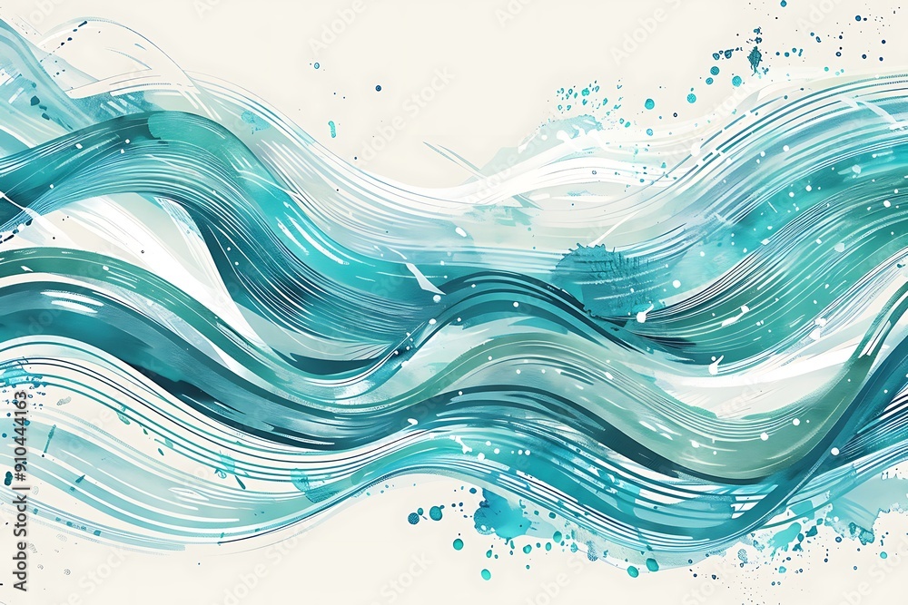 Wall mural an abstract wave pattern with flowing lines in shades of blue and teal, accented with splashes of wh