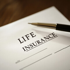 Life insurance document with pen, calculator and glasses on desk