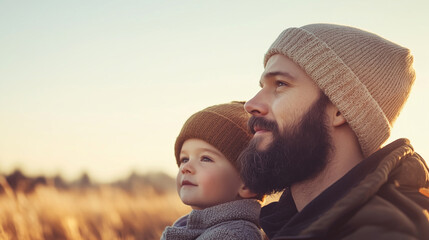 A bearded man and his young boy wearing hats, gazing into the distance. This outdoor adventure scene emphasizes family bonding and generational travel, with plenty of copy space fo