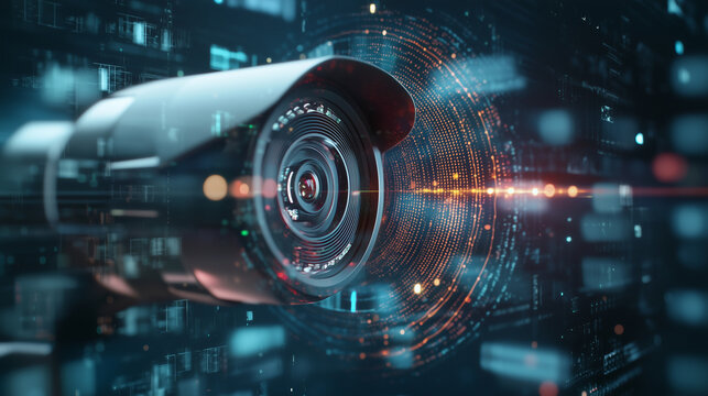 Hologram digital shield on a virtual display screen around the CCTV security camera recording, placed on the house or home wall. This image emphasizes video surveillance, protectio