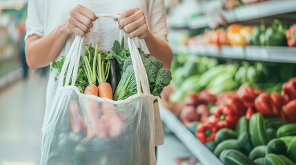Cotton bag full of healthy, fresh, and organic vegetables that the female customer or woman is holding in her hands, purchasing groceries at the local city marketplace. Photo