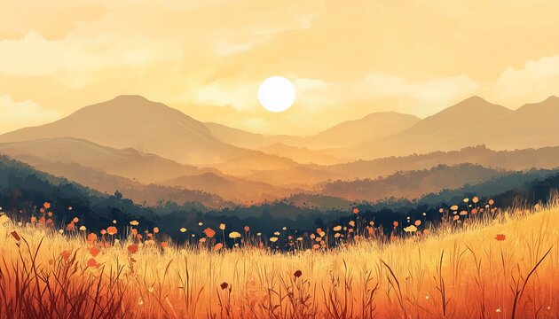 Sunset Over Mountains and Meadow