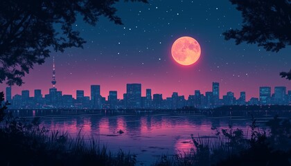 Cityscape Under a Pink Moon