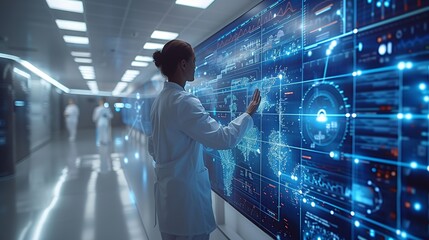 Scientist Interacting With Global Data Visualization in Futuristic Space