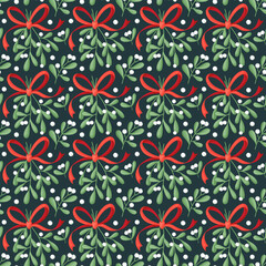 Seamless pattern with mistletoe, leaves, branches, berries on dark background. Cute Chrisrmas ornament. Perfect for fabric, scrapbooking, banner, card, wrapping paper, textile, wallpaper, apparel.