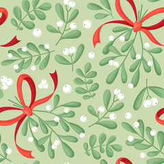 Seamless pattern with mistletoe, leaves, branches, berries on green background. Cute Chrisrmas ornament. Perfect for fabric, scrapbooking, banner, card, wrapping paper, textile, wallpaper, apparel.
