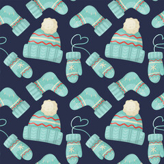 Seamless pattern with knitted winter hat with pompon, sock and mitten on dark background. Perfect for wrapping paper, scrapbooking, textile and product design. Hand drawn cartoone style.
