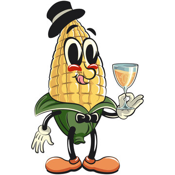 recommend clip art: character of a cute corn cartoon vector isolated clip art mascot illustration wearing a hat and bow tie raising a wine glas, work of hand drawn