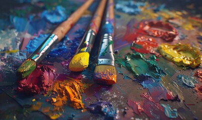 Fototapeta premium Multicolored crayons and paintbrushes on an artist's palette