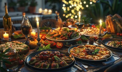 Festive atmosphere around a table laden with delicious dishes, highlighting the essence of feasting and celebration