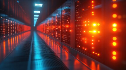 Fototapeta premium Server Room with Rows of Advanced Computer Equipment and Data Center Technology - Blurred Background, Web Design Banner for 