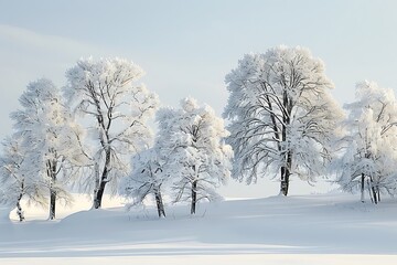 A serene winter landscape with snow-covered trees in soft white and grey tones, under a clear, pale blue sky, with gentle shadows creating a sense of calm and quiet.