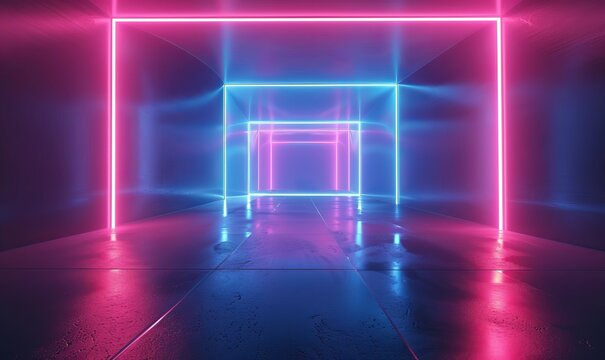 hypnotic geometric portal neon blue and pink light emanates from a pulsating square gateway distorting reality and beckoning viewers into another dimension