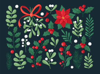 Christmas and winter floral collection on dark background. Set of poinsettia, leaves, branches, berries, holly. Christmas botanic elements for invitations, cards, textile, fabric, posters, banners.