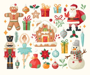 Big Christmas set of festive symbols and design elements. Christmas vector characters. Hand-drawn style sticker pack. Vector elements for banner, card, postcard, cover.