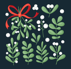 Christmas and winter floral collection on dark background. Set of mistletoe, leaves, branches, berries. Christmas botanic elements for invitations, cards, textile, fabric, posters, banners.