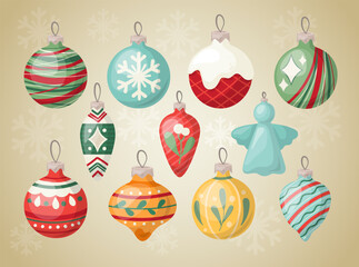 Set of Christmas balls, baubles and toys for traditional fir tree decoration. Hand drawn cartoone style. Isolated vector illustration.