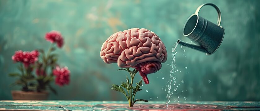 Human brain growing from a flower, watering can is pouring water on the mind, mental health concept, positive attitude, creative thinking