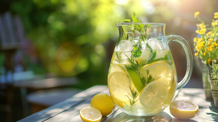 Cool and tasty lemonade in a glass pitcher on a table outdoors. Fresh drinks with ice. Lemonade with lemon, lime, and herbs.