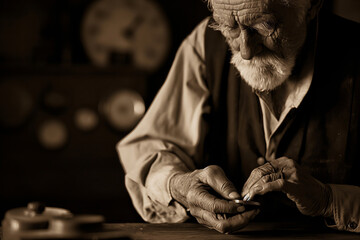A serene, sepia-toned image of an elderly watchmaker carefully winding a pocket watch.