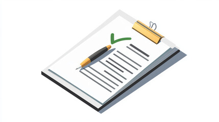 Checklist with pen, application form, survey, document with green checkmark, sheet of paper with checkmark. Vector illustration