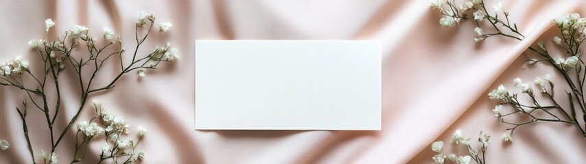 White Flowers and Blank Card on Pink Fabric