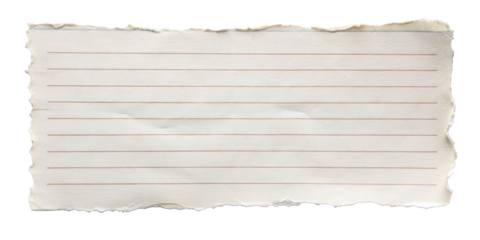 Torn Lined Paper Sheet, featuring a rough, jagged edge, ideal for notes or scrapbook projects with a vintage feel. Isolated on transparent background, png.