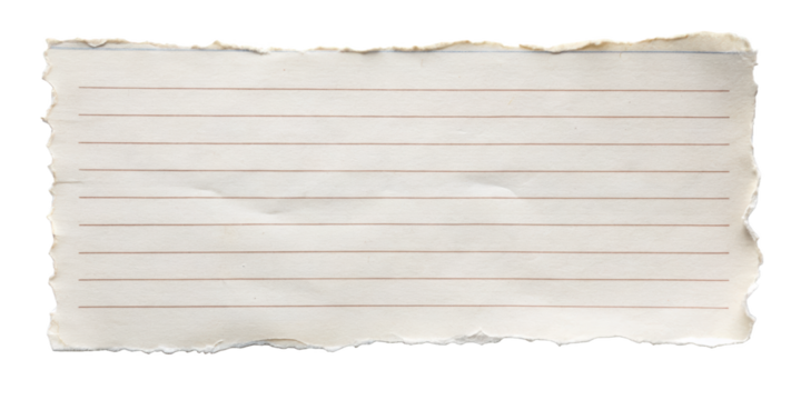 Torn Lined Paper Sheet, featuring a rough, jagged edge, ideal for notes or scrapbook projects with a vintage feel. Isolated on transparent background, png.