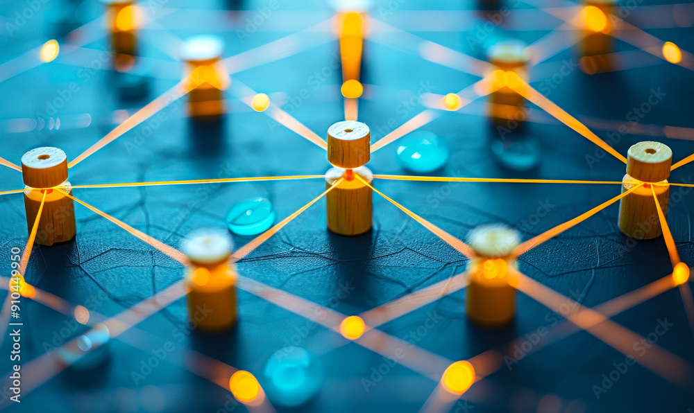 Poster abstract network with unconnected pegs and glowing lines representing dependency and isolation conce