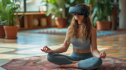 Woman Practicing Yoga With Virtual Reality Headset Indoors