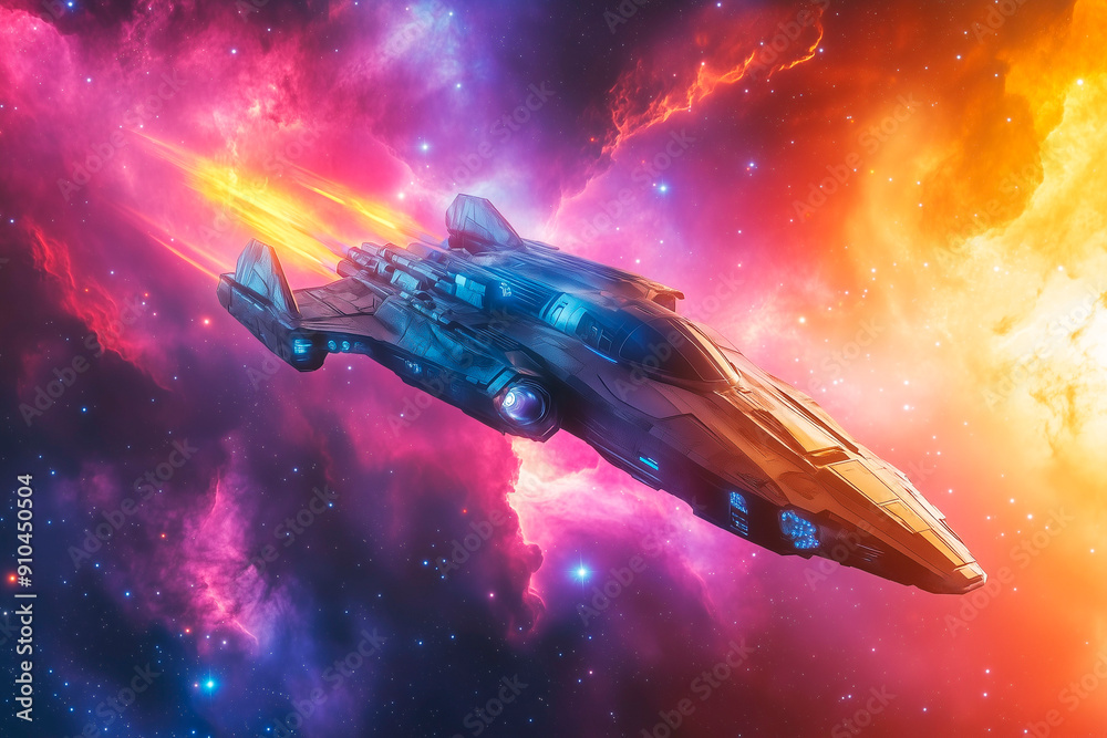 Wall mural futuristic spaceship flying through colorful nebula in deep space with glowing stars