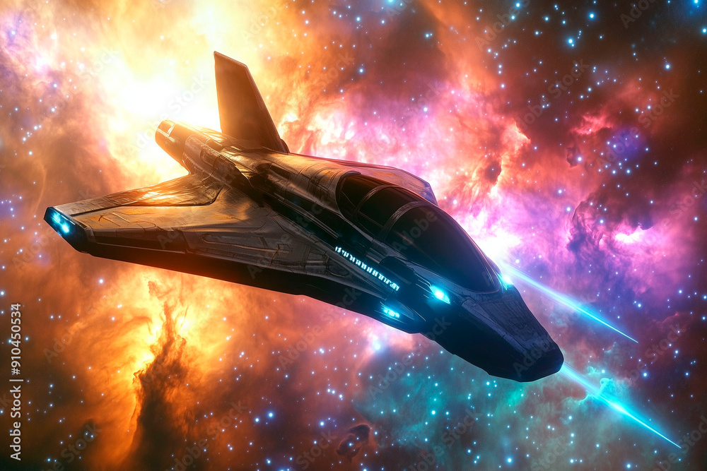 Wall mural sleek spaceship navigating through vibrant nebula in deep space with glowing stars