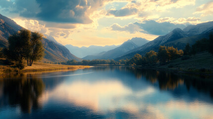 Naklejka premium A serene river flows through a picturesque valley, bordered by towering mountains. The calm waters reflect the sky, creating a breathtaking view that invites you to explore the beauty of nature.